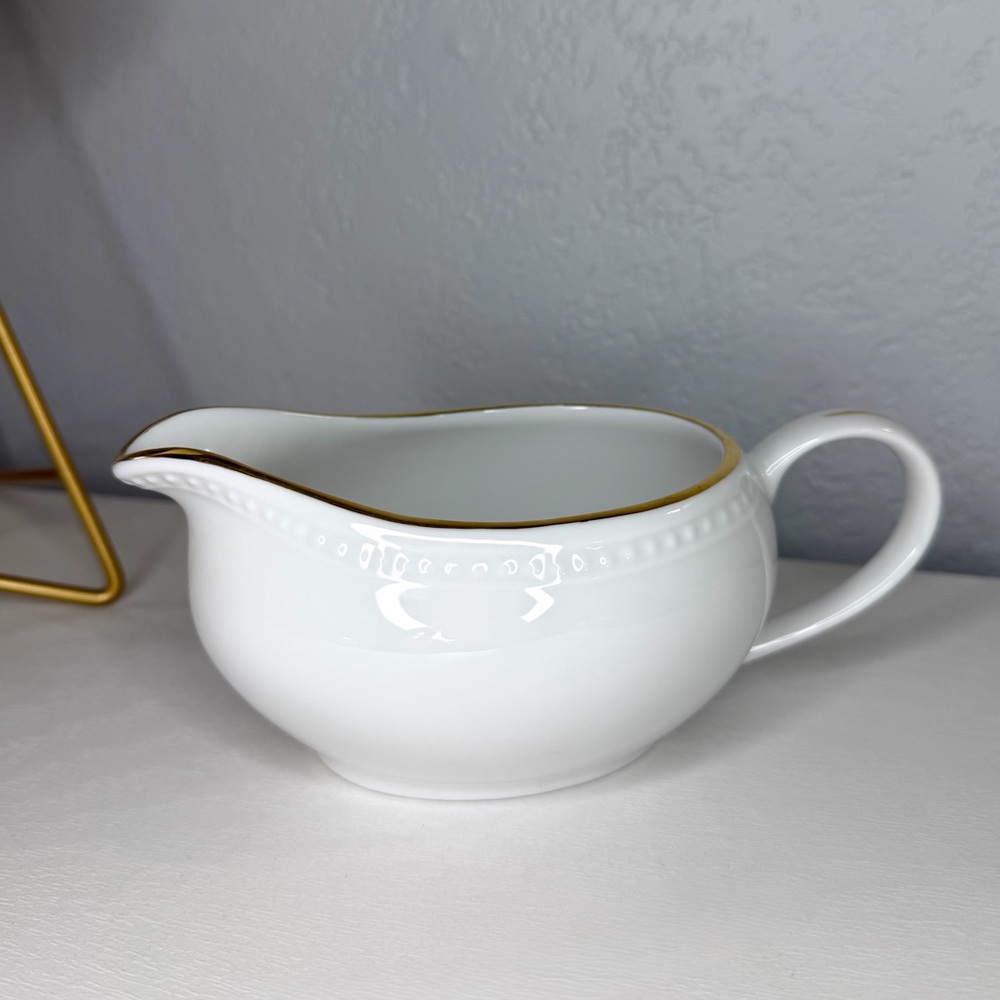 Pier 1 White Gold Line Monno-Bangladesh Gravy Boat - EUC